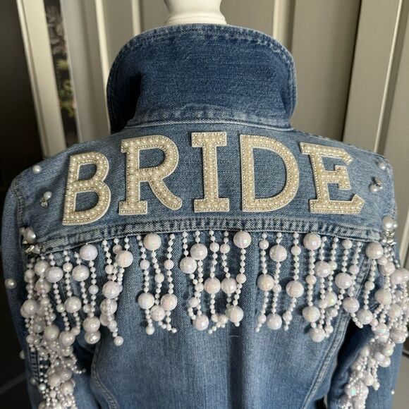 Madewell Custom Rhinestone Cowgirl Bachelorette Disco Fringe Jean Jacket Size M - Picture 4 of 10